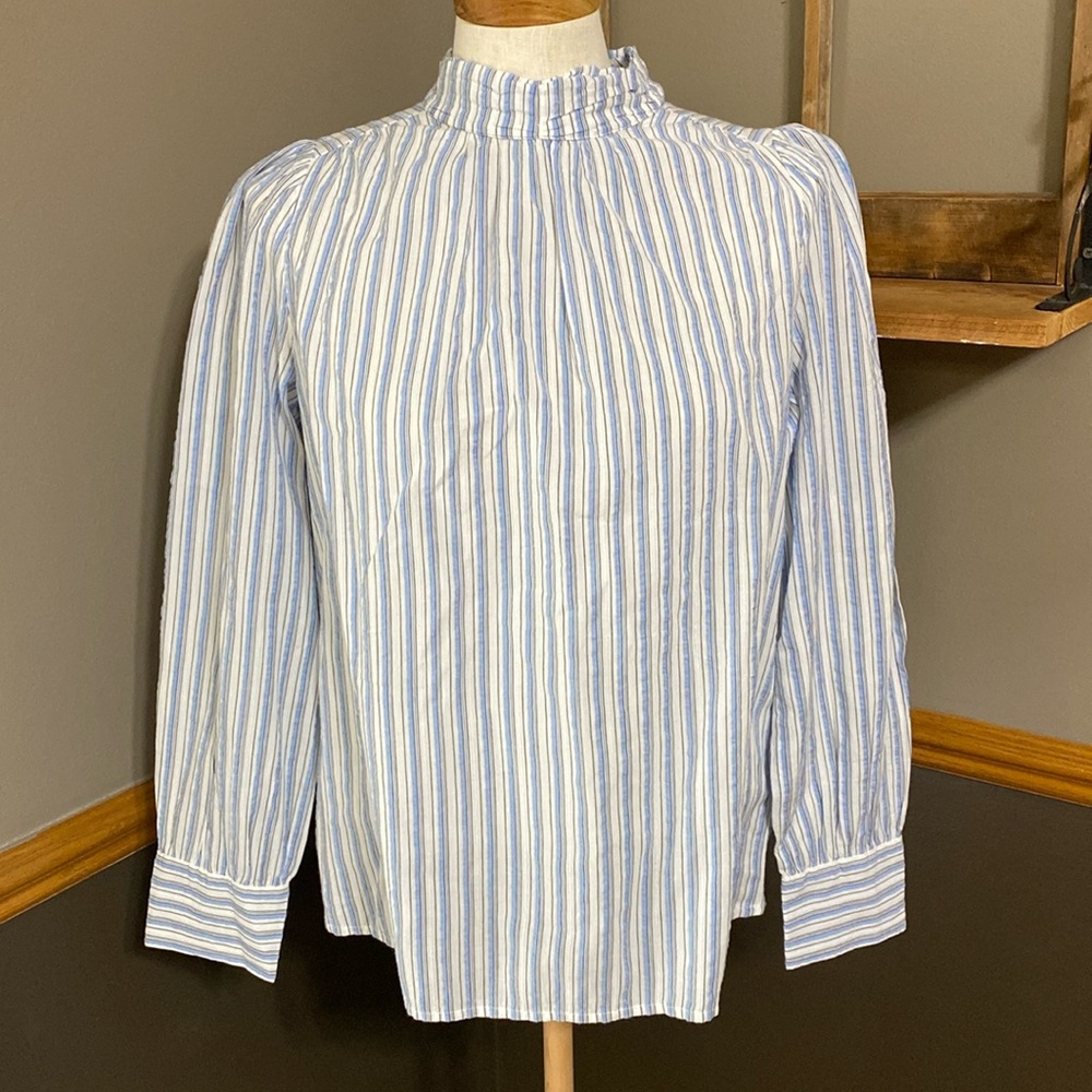 Loft mock neck blue white & black striped long sleeve top size Small